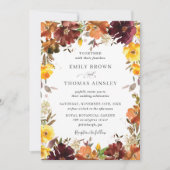 バーグンディ素朴オレンジイエローフローラ秋の結婚式 招待状 (正面)