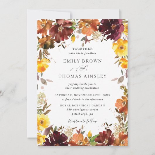 バーグンディ素朴オレンジイエローフローラ秋の結婚式 招待状 (正面)