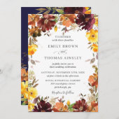 バーグンディ素朴オレンジイエローフローラ秋の結婚式 招待状 (正面/裏面)