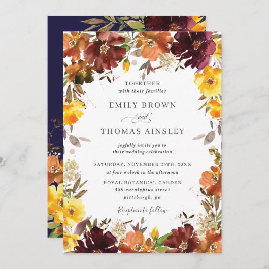 バーグンディ素朴オレンジイエローフローラ秋の結婚式 招待状 (正面/裏面)