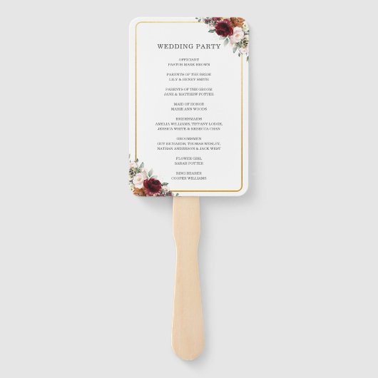 バーグンディ素朴オレンジピンクフローラ結婚式 プログラム ハンドファン (裏面)