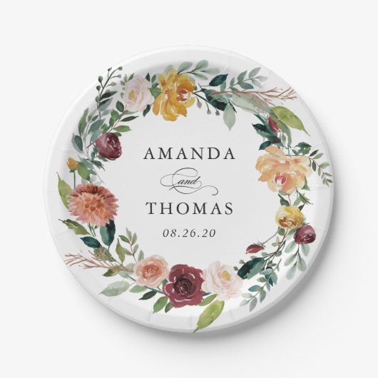 バーグンディ素朴オレンジフローラリース結婚ズ ペーパープレート (正面)