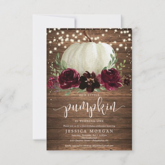 バーグンディ素朴カボプキンファースト誕生日招待状 招待状 (正面)