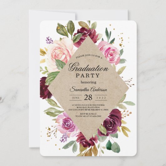 バーグンディ素朴クラフトフローラ卒業パーティー 招待状 (正面)