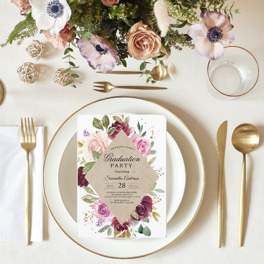 バーグンディ素朴クラフトフローラ卒業パーティー 招待状