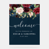 バーグンディ素朴ネイビーブルー&レッドフラワーズ&ライト アクリルサイン (正面)