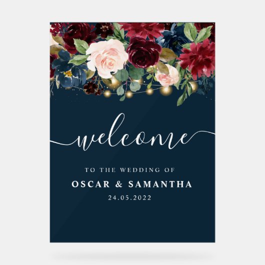 バーグンディ素朴ネイビーブルー&レッドフラワーズ&ライト アクリルサイン (正面)