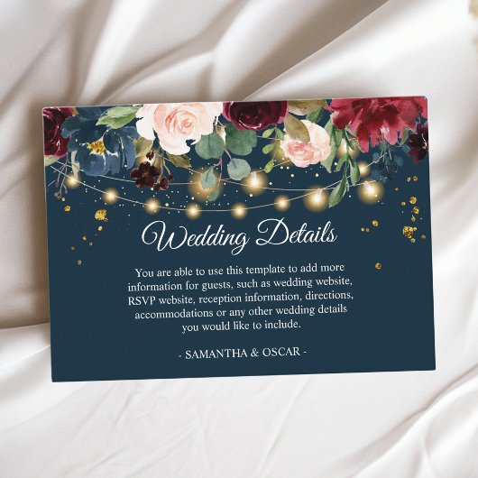 バーグンディ素朴ネイビーブルー&レッドフラワーズ&ライト エンクロージャーカード