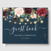 バーグンディ素朴ネイビーブルー&レッドフラワーズ&ライト ゲストブック (正面)