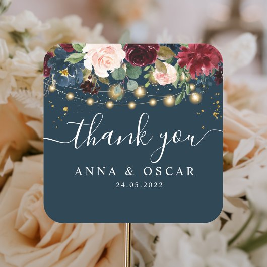 バーグンディ素朴ネイビーブルー&レッドフラワーズ&ライト スクエアシール