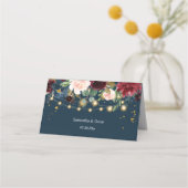 バーグンディ素朴ネイビーブルー&レッドフラワーズ&ライト プレイスカード (裏面)