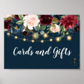 バーグンディ素朴ネイビーブルー&レッドフラワーズ&ライト ポスター (正面)