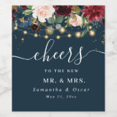 バーグンディ素朴ネイビーブルー&レッドフラワーズ&ライト ワインラベル (シングルラベル)