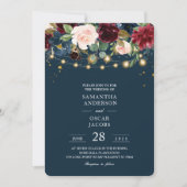 バーグンディ素朴ネイビーブルー&レッドフラワーズ&ライト 招待状 (正面)