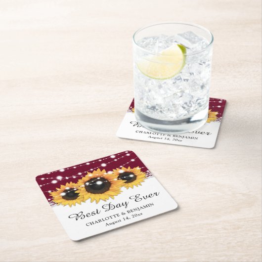 バーグンディ素朴バーラップレースひまわり結婚の スクエアペーパーコースター (インサイチュ)