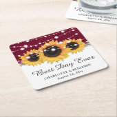 バーグンディ素朴バーラップレースひまわり結婚の スクエアペーパーコースター (アングル)