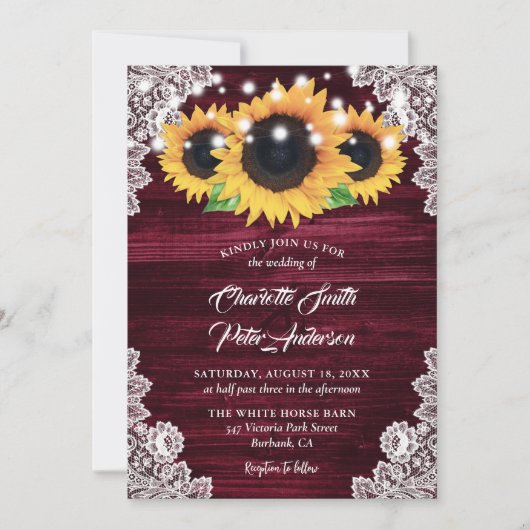 バーグンディ素朴バーラップレースひまわり結婚の 招待状 (正面)