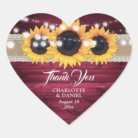 バーグンディ素朴バーラップレースサンフラワー結婚ズ ハートシール (正面)