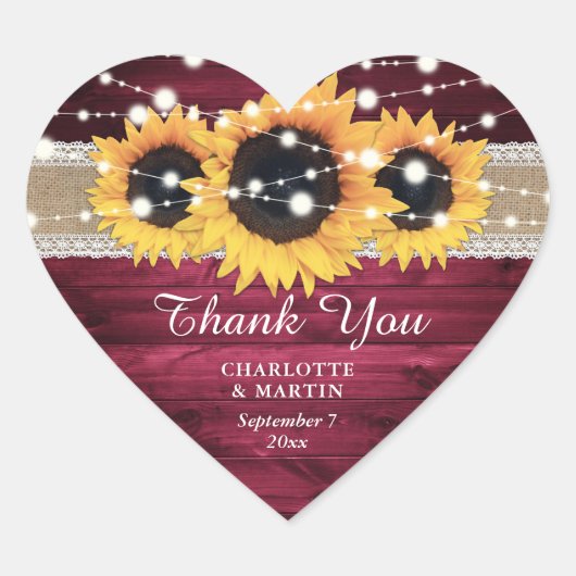 バーグンディ素朴バーラップレースサンフラワー結婚ズ ハートシール (正面)