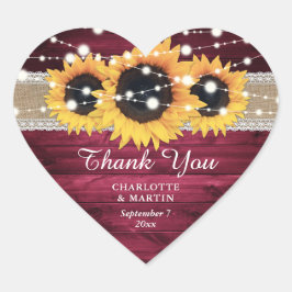 バーグンディ素朴バーラップレースサンフラワー結婚ズ ハートシール