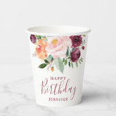 バーグンディ素朴ピンクフローラ誕生日パーティー 紙コップ (裏面)