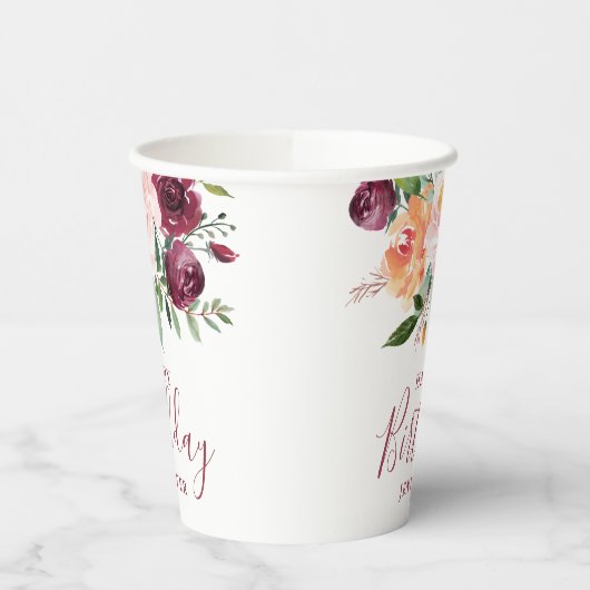 バーグンディ素朴ピンクフローラ誕生日パーティー 紙コップ (左)