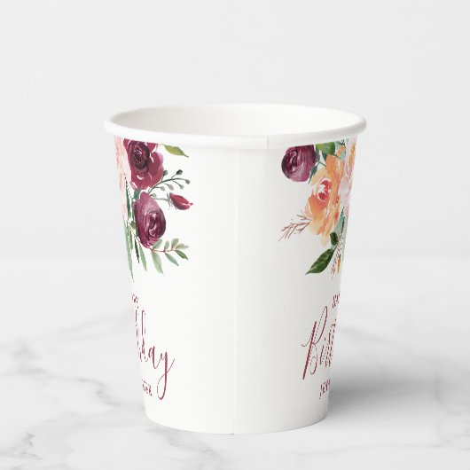 バーグンディ素朴ピンクフローラ誕生日パーティー 紙コップ (右)