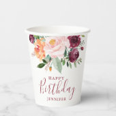 バーグンディ素朴ピンクフローラ誕生日パーティー 紙コップ (正面)
