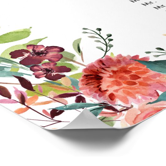 バーグンディ素朴ピーチ秋フローラ結婚ズシーティング ポスター (角)