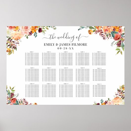 バーグンディ素朴ピーチ秋フローラ結婚ズシーティング ポスター (正面)