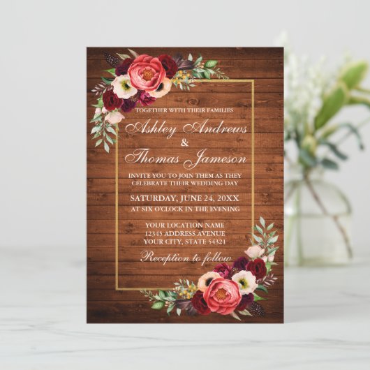 バーグンディ素朴フローラウッドボーホウェディングアクト 招待状 (スタンド正面)