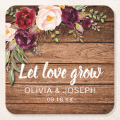 バーグンディ素朴フローラウッド結婚式の引き出物 スクエアペーパーコースター (正面)