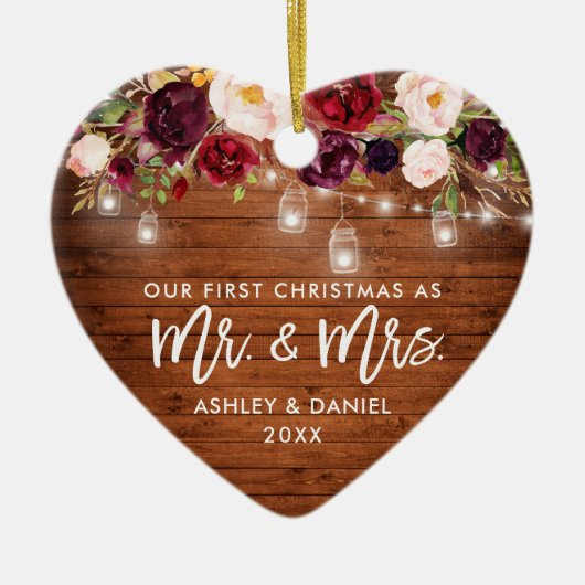 バーグンディ素朴フローラジャールライト初めてのクリスマス セラミックオーナメント (正面)