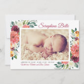 バーグンディ素朴フローラベビーガールフォト誕生 案内状 (正面)