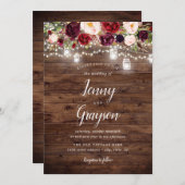 バーグンディ素朴フローラメイスンジャイルライツ結婚ズ 招待状 (正面/裏面)