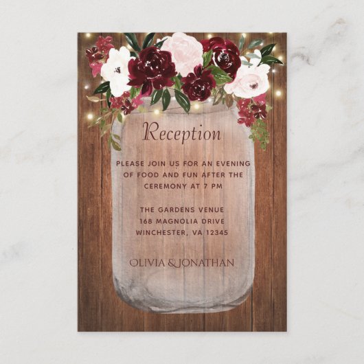 バーグンディ素朴フローラメイスンジャールウェディングレセプション エンクロージャーカード (正面)