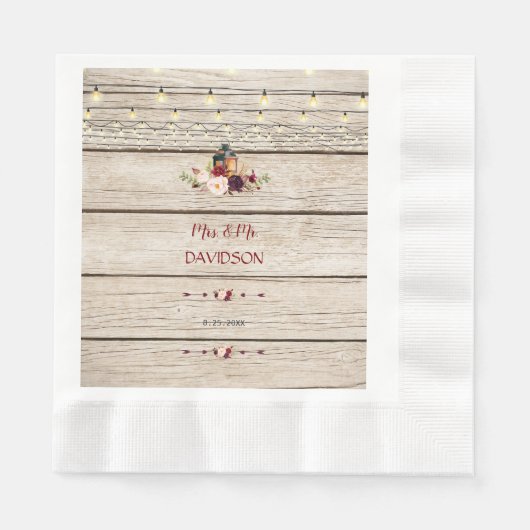 バーグンディ素朴フローラランタンオールドバ結婚ンズ 縁ありランチョンナプキン (正面)