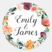 バーグンディ素朴フローラリース結婚ズモノグラム ラウンドシール (正面)
