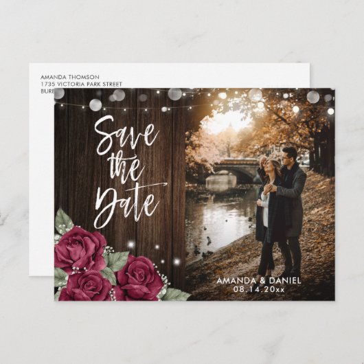 バーグンディ素朴フローラ秋の結婚式写真 案内ポストカード (正面/裏面)