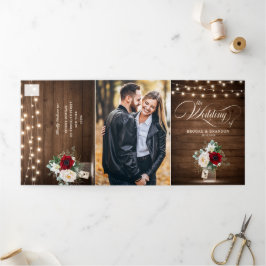 バーグンディ素朴フローラ3フォールド結婚式招待状 三つ折りプログラム