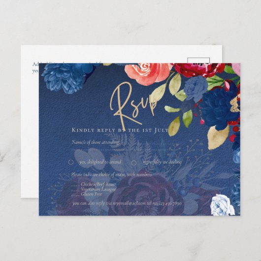 バーグンディ素朴ブルーフローラウェディングRSVP ポストカード (正面/裏面)
