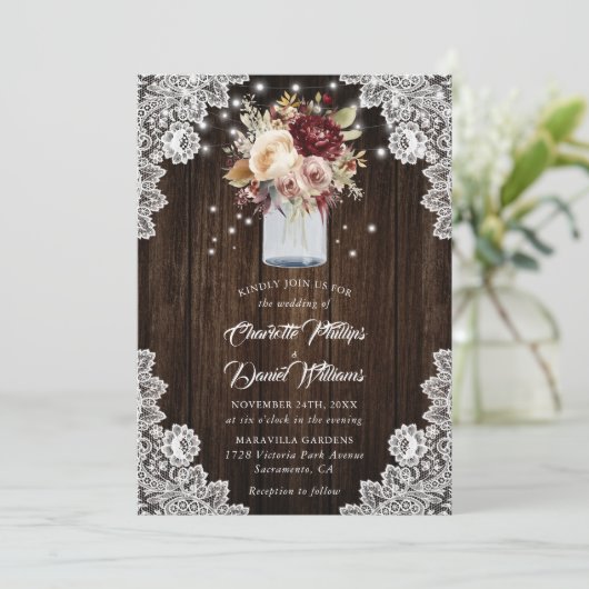 バーグンディ素朴ベージュフローラメイスンジャー結婚ズ 招待状 (スタンド正面)