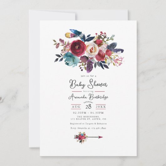 バーグンディ素朴ボホフローラベビーシャワー 招待状 (正面)