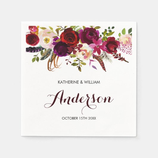 バーグンディ素朴マルサラシックフローラズ結婚 スタンダードカクテルナプキン (正面)