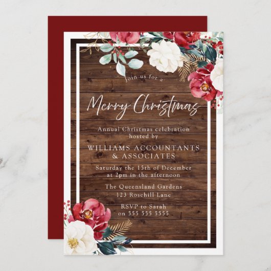 バーグンディ素朴レッドクリスマスパーティーお祝い 招待状 (正面/裏面)