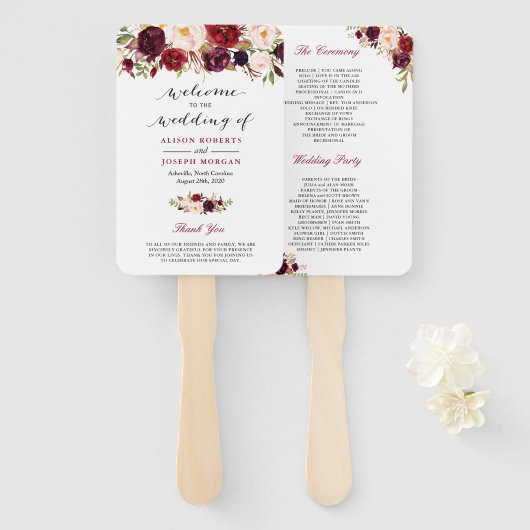 バーグンディ素朴レッドフローラクラシック結婚式 プログラム ハンドファン (正面&裏面)