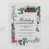バーグンディ素朴レッドフローラクリスマスパーティー 招待状 (正面/裏面)