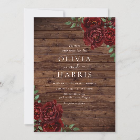バーグンディ素朴レッドローゼス結婚式招待状 招待状 (正面)