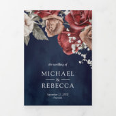 バーグンディ素朴レッドローゼネイビーブルーフォトズ結婚ズ 三つ折り招待状 (カバー)