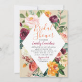 バーグンディ素朴秋フローラダイヤモンドブライダルシャワー 招待状 (正面)